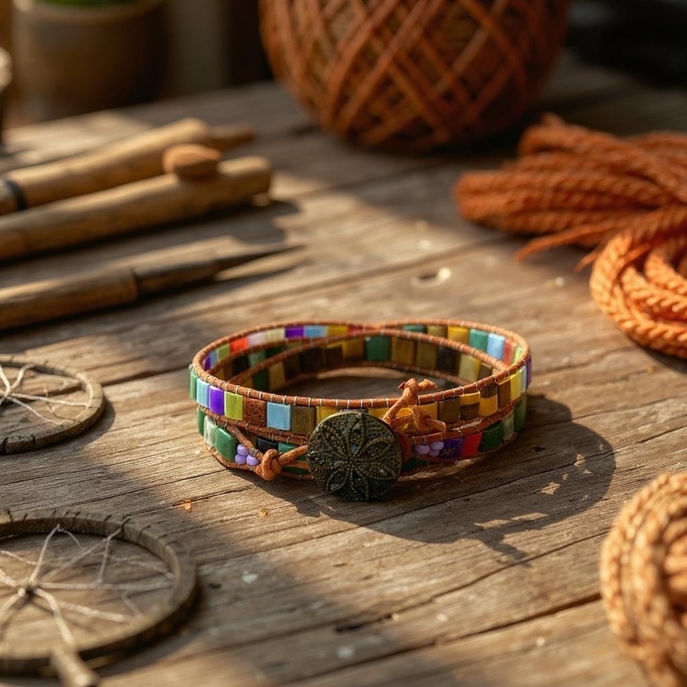 Hand Crafted Tila Beads Wrap Bracelet with Brown Leather